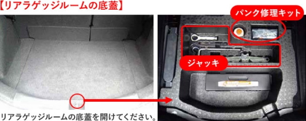 リアラゲッジルームの底蓋・パンク修理キット・ジャッキ・リアラゲッジルームの底蓋を開けてください